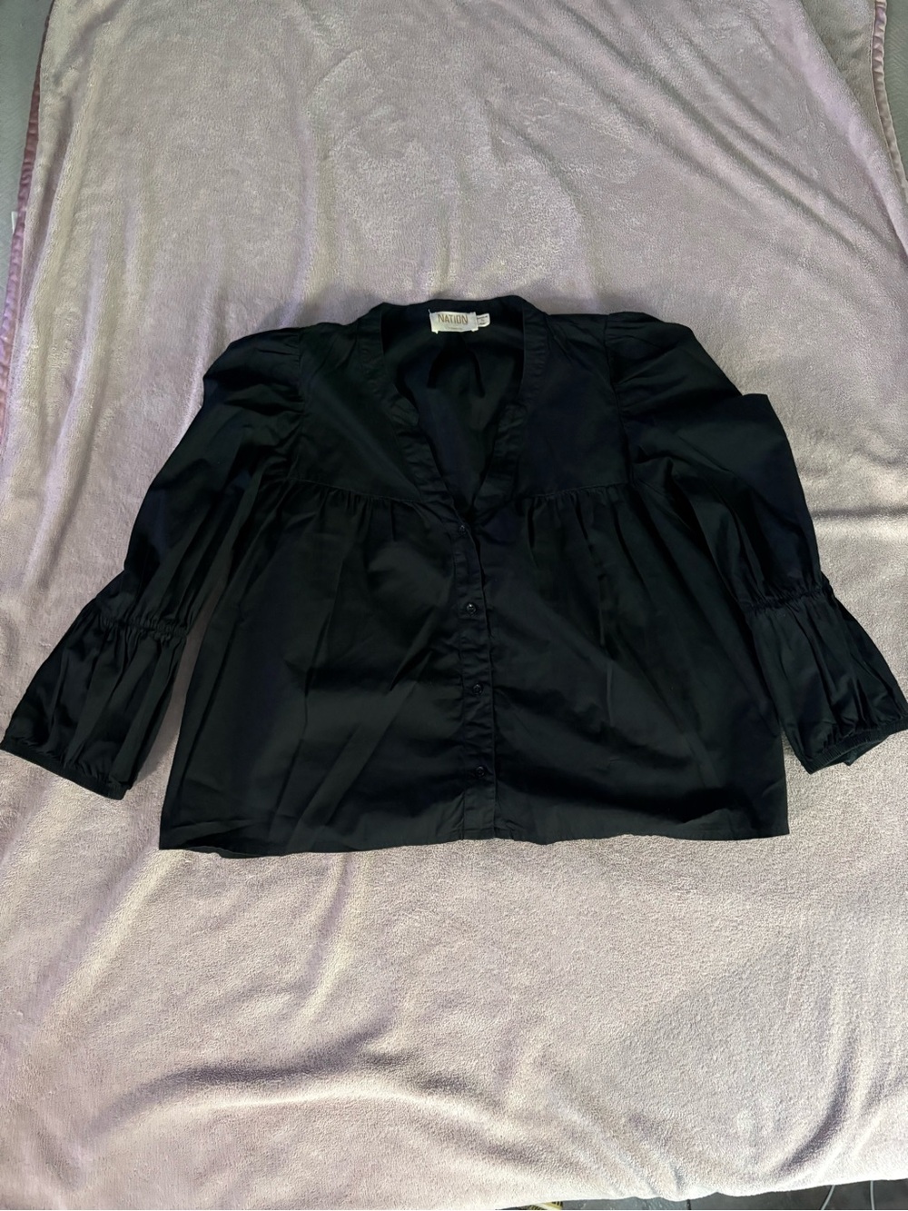 Nation LTD Black Button-Front Puff Sleeve Blouse